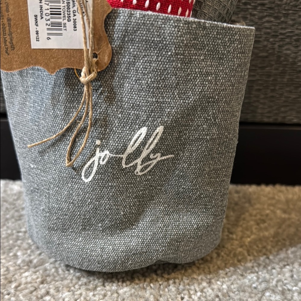 Mud Pie Gray Fabric Basket with Red and Gray Towels - Picture 2 of 4